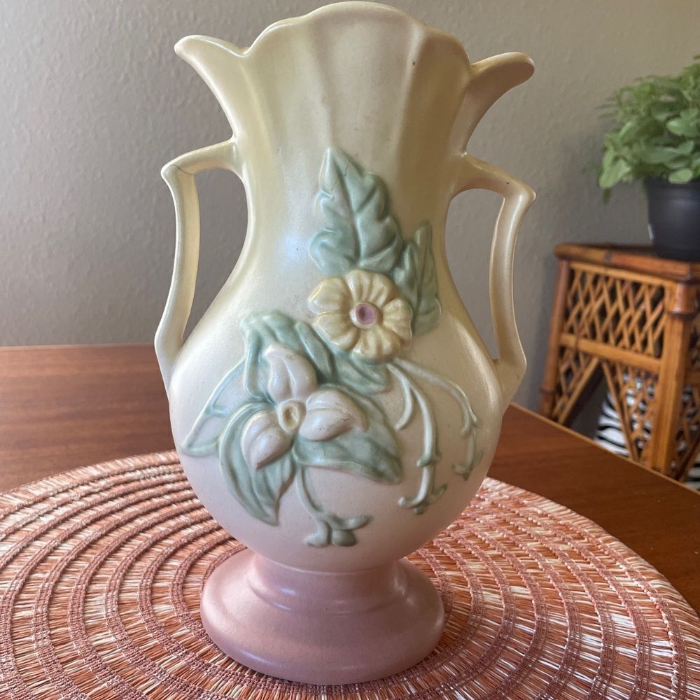 Vintage Hull Art Floral Double Handle Pottery Vase Pink Yellow Pink Green